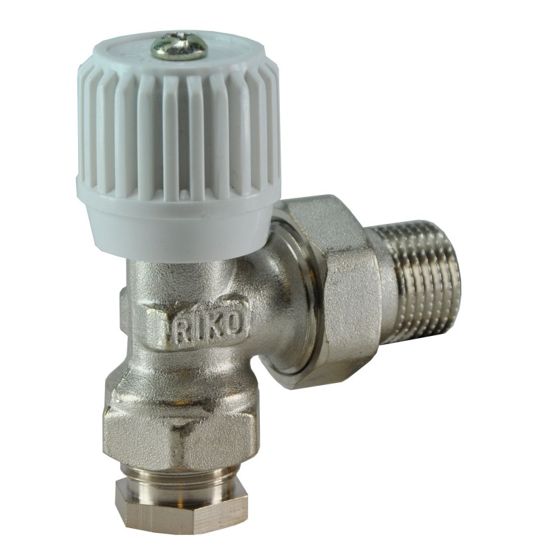 Riko radiatorkraan - ventiel + adapter 15mm 1/2 haaks vernikkeld