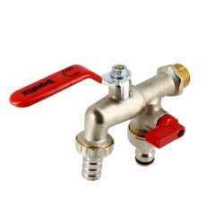 BONFIX Dubbele kogeltapkraan 1/2x3/4x3/4 met slangtule - rode hendel