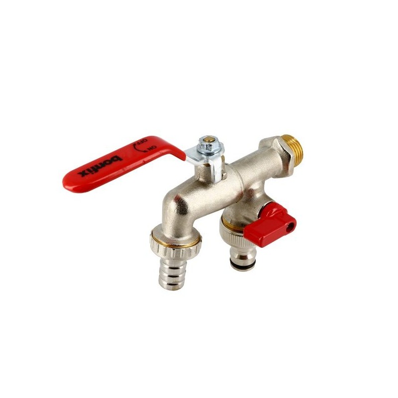 BONFIX Dubbele kogeltapkraan 1/2x3/4x3/4 met slangtule - rode hendel