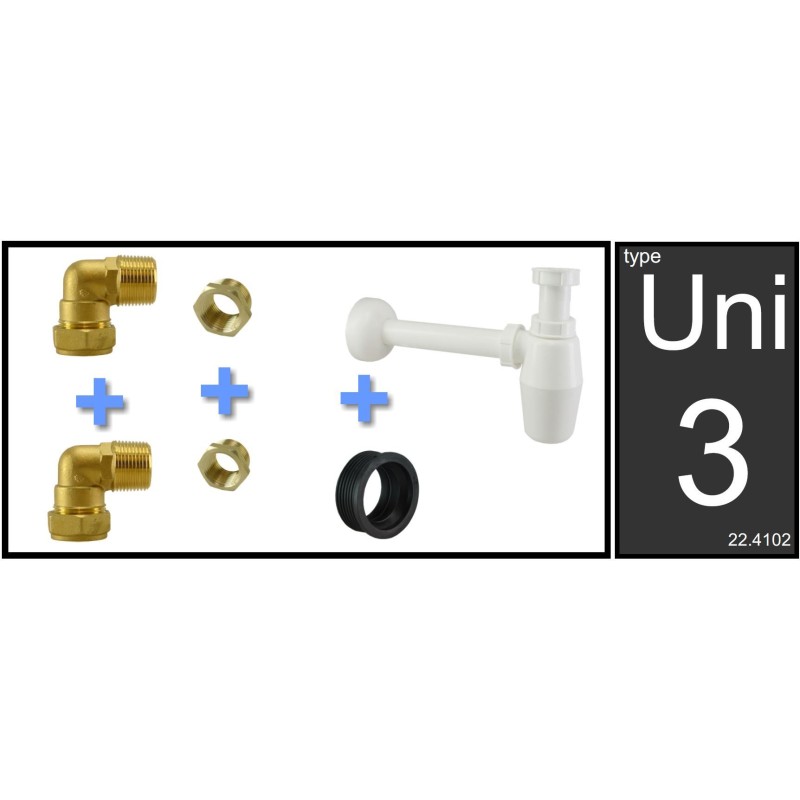 Uni-3 fontein / wastafel aansluitset + PVC sifon