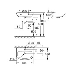 Grohe Bau wastafel 600mm wit met kraangat / overloop