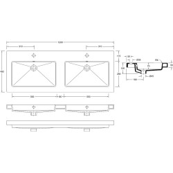 Kera wastafel dubbel met 2 kraangaten 120x46x5 cm keramiek glans wit